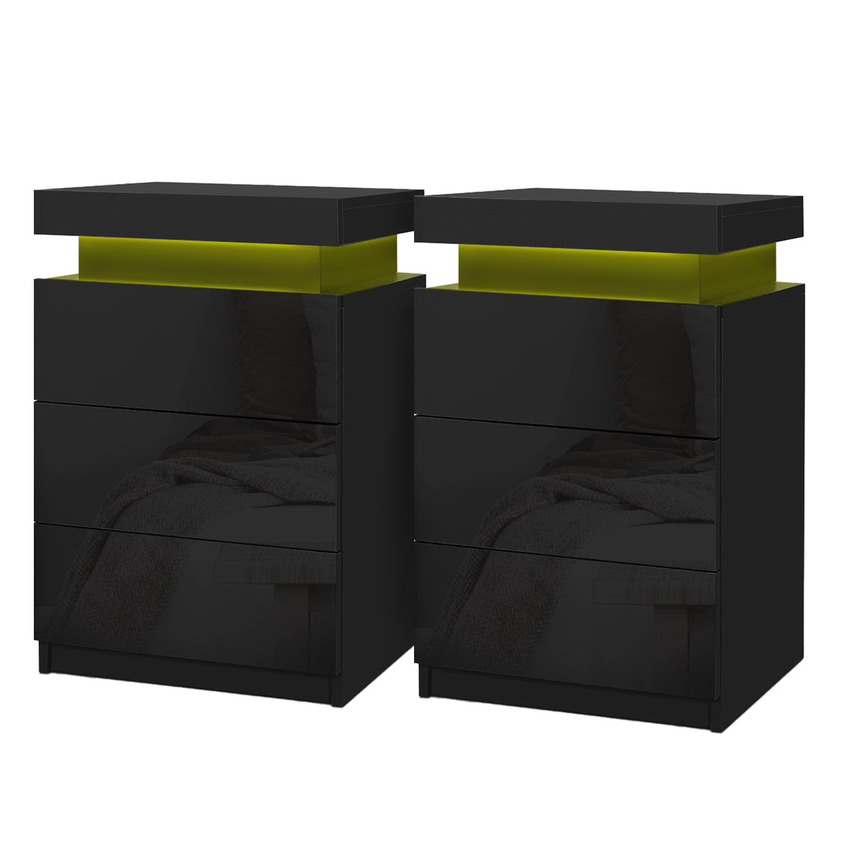 Bedside Tables Set 2pc | LED Light | 3 Drawers | COLEY | Black
