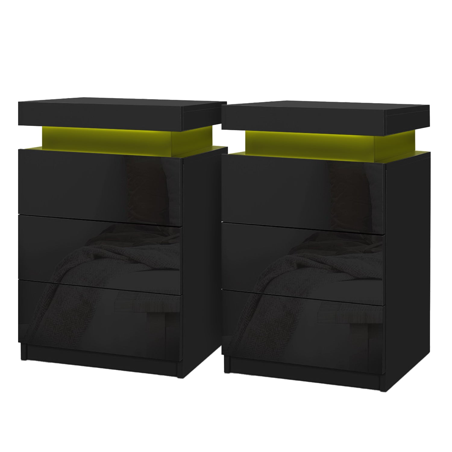 Bedside Tables Set 2pc | LED Light | 3 Drawers | COLEY | Black