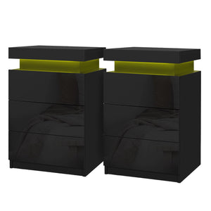 Bedside Tables Set 2pc | LED Light | 3 Drawers | COLEY | Black