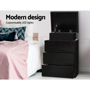 Bedside Tables Set 2pc | LED Light | 3 Drawers | COLEY | Black