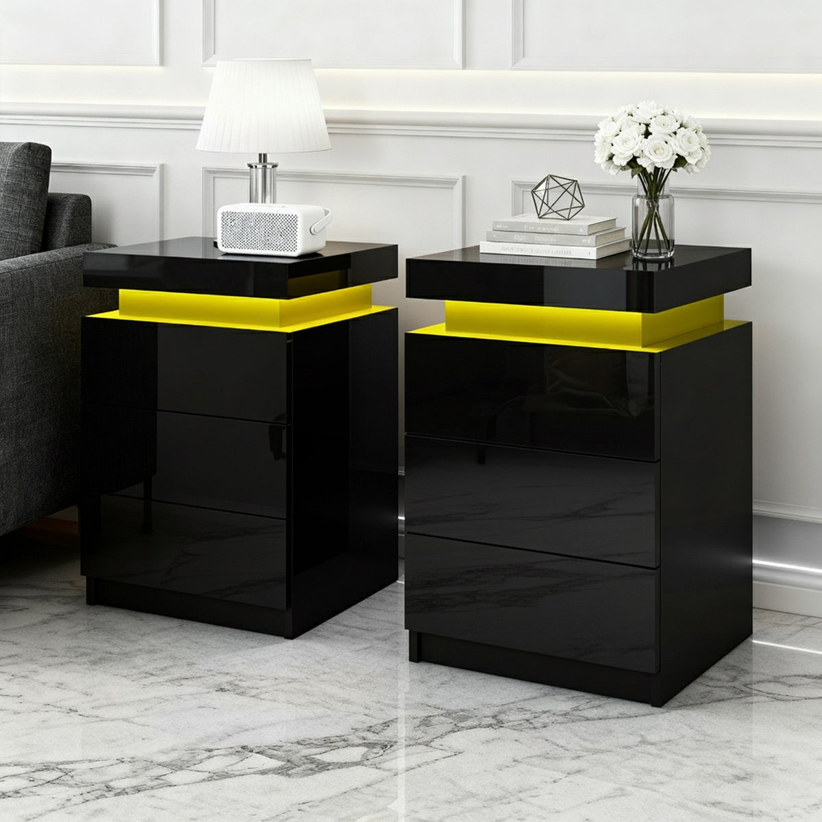Bedside Tables Set 2pc | LED Light | 3 Drawers | COLEY | Black