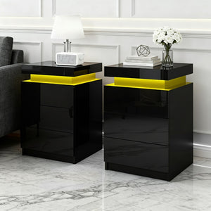 Bedside Tables Set 2pc | LED Light | 3 Drawers | COLEY | Black