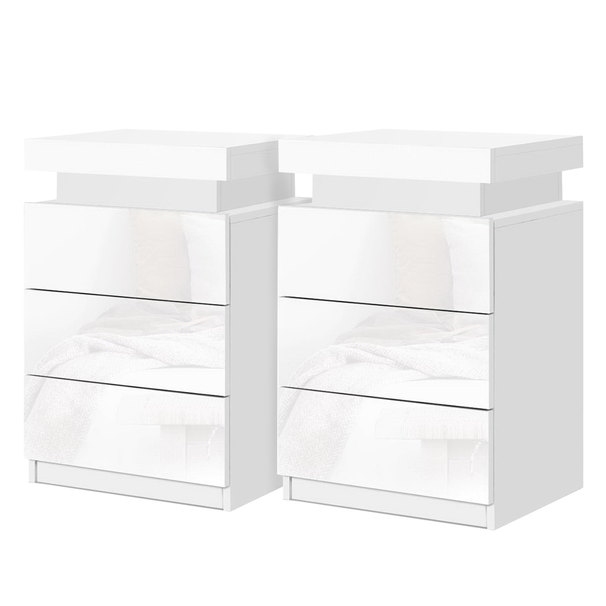 Bedside Tables Set 2pc | LED Light | 3 Drawers | COLEY | White