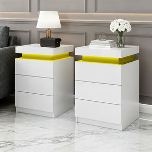 Bedside Tables Set 2pc | LED Light | 3 Drawers | COLEY | White