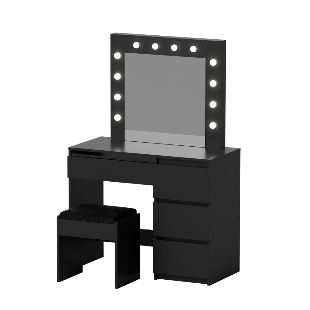 Dressing Table Set | Makeup Vanity with Stool & 12 LED Bulbs | Black Finish