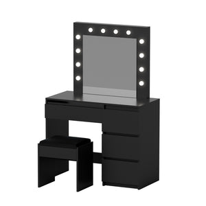 Dressing Table Set | Makeup Vanity with Stool & 12 LED Bulbs | Black Finish