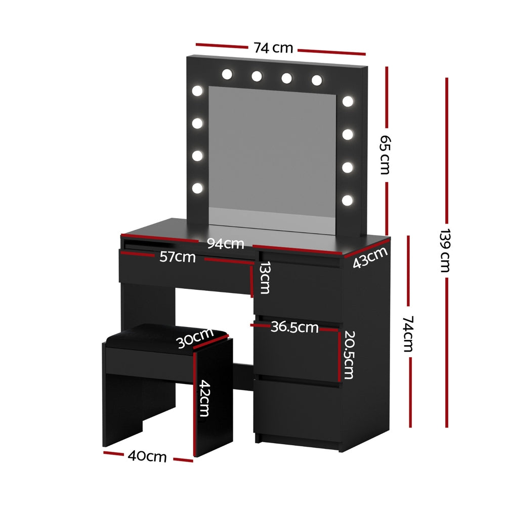 Dressing Table Set | Makeup Vanity with Stool & 12 LED Bulbs | Black Finish
