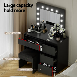 Dressing Table Set | Makeup Vanity with Stool & 12 LED Bulbs | Black Finish