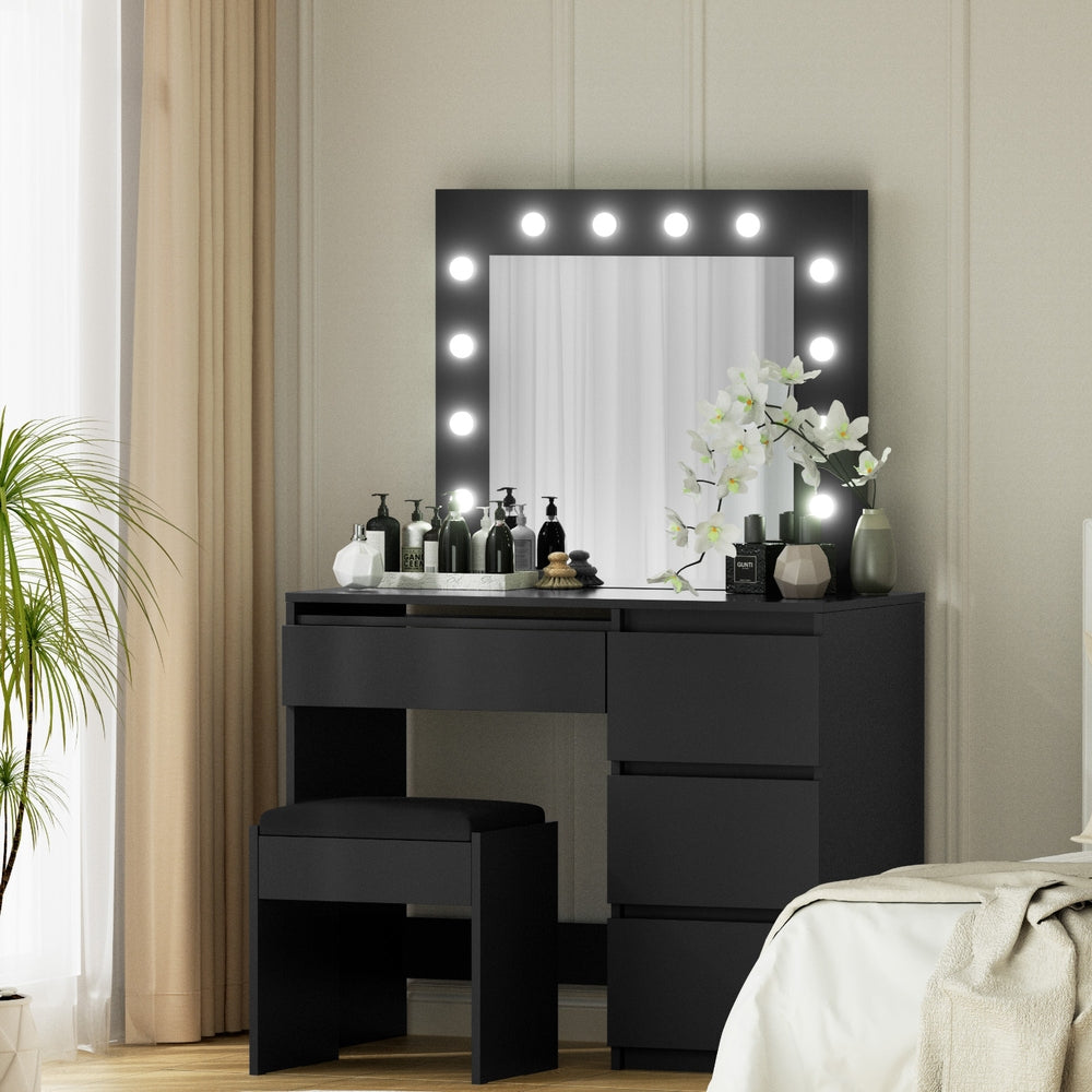 Dressing Table Set | Makeup Vanity with Stool & 12 LED Bulbs | Black Finish