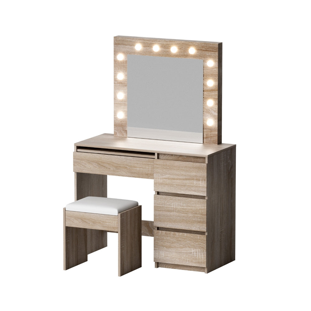 Dressing Table Set | Makeup Vanity with Stool & 12 LED Bulbs | Wooden Finish