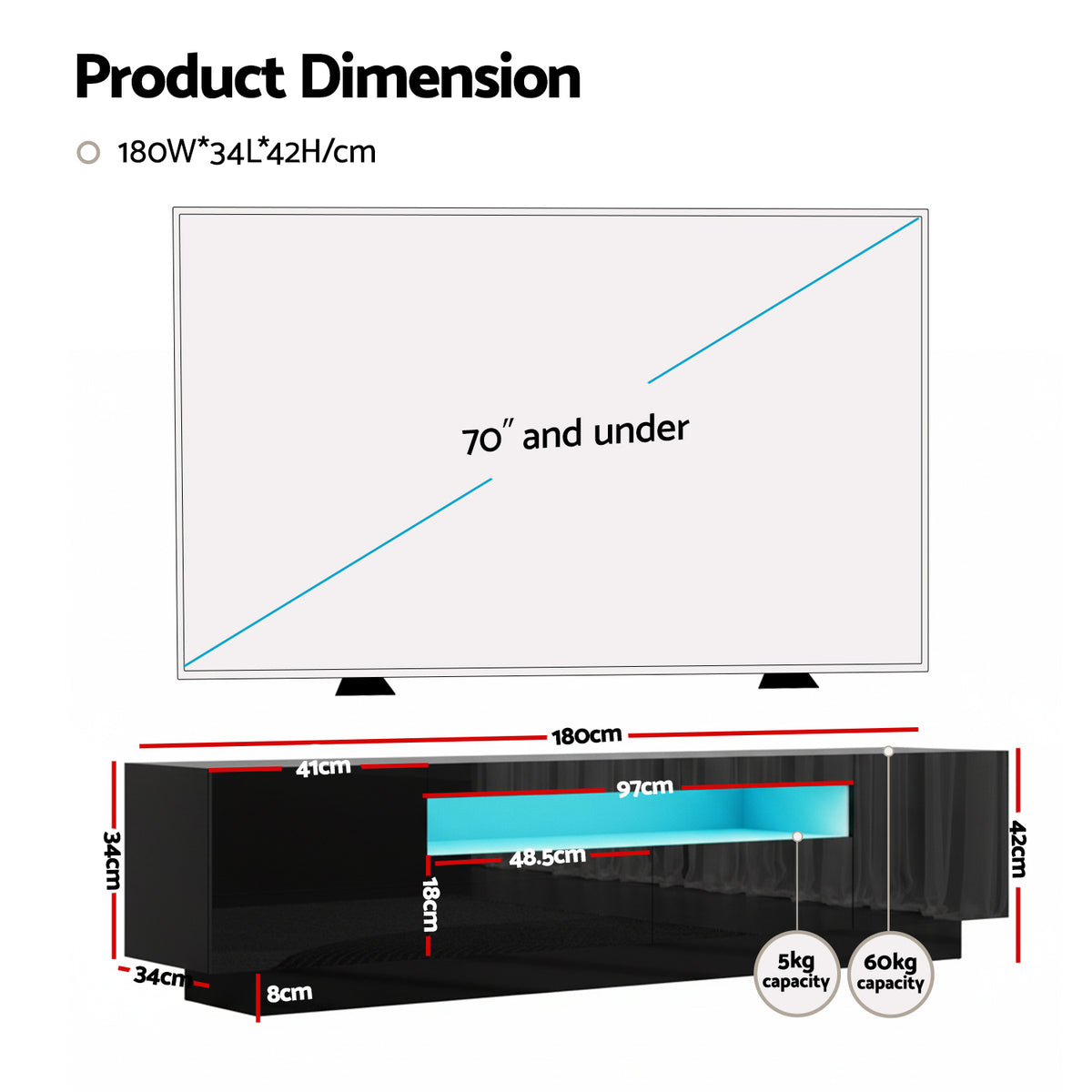 TV Unit | 180cm | RGB LED Storage Drawer | Black