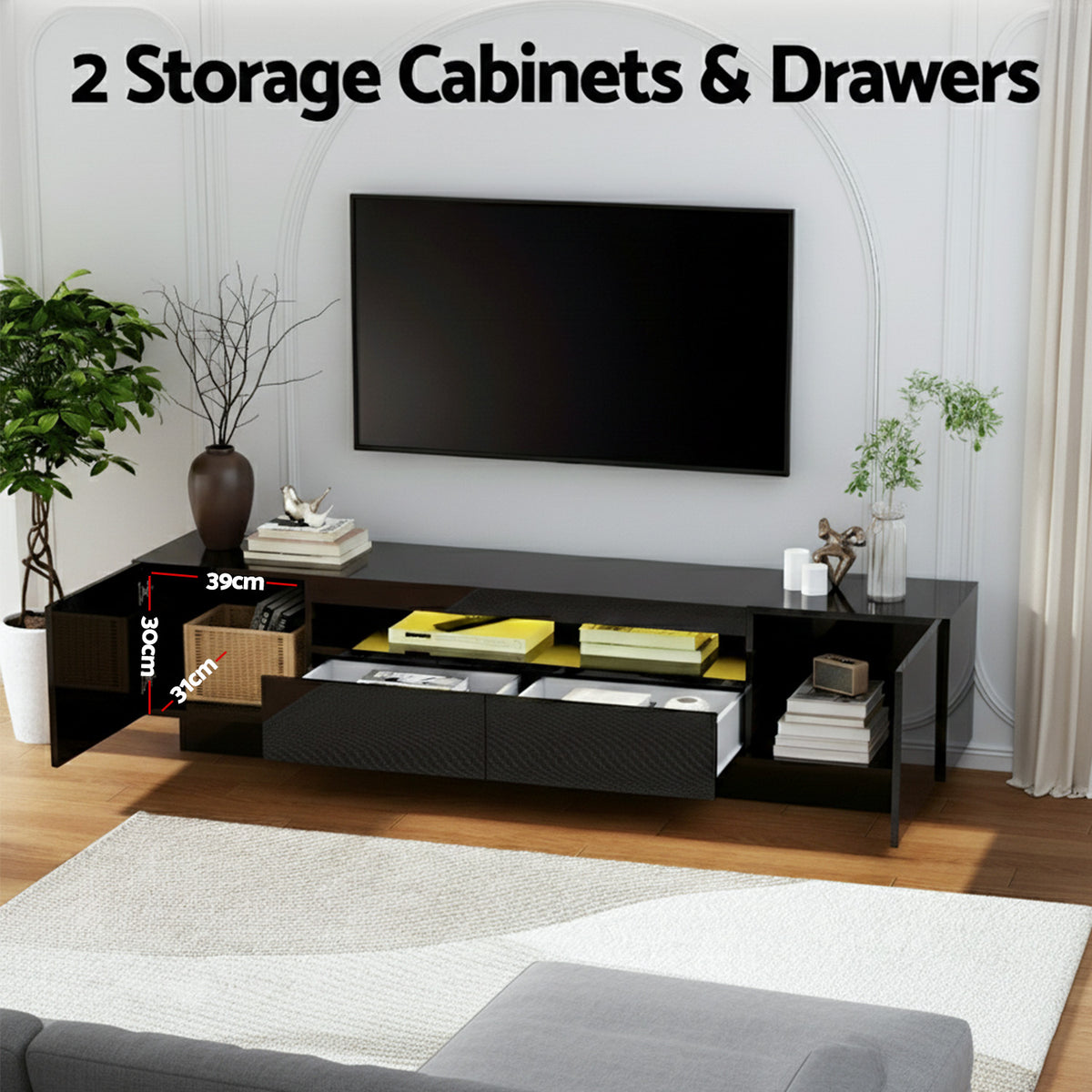 TV Unit | 180cm | RGB LED Storage Drawer | Black