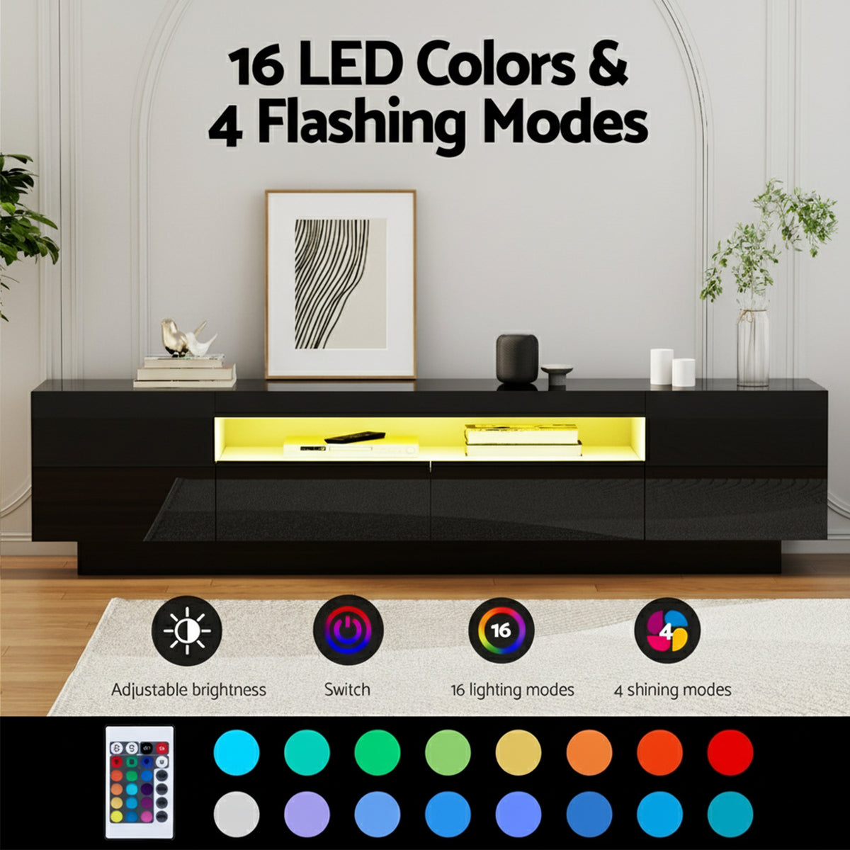TV Unit | 180cm | RGB LED Storage Drawer | Black