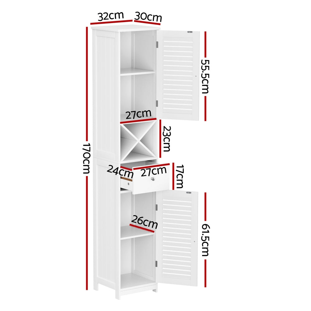 Tall Bathroom Storage Cabinet | 170cm | Slim Corner Organiser | Adjustable Shelf | Louver Door | White