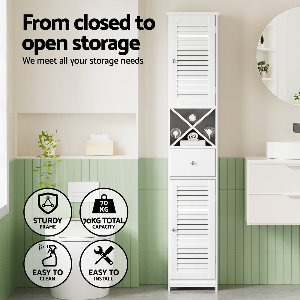 Tall Bathroom Storage Cabinet | 170cm | Slim Corner Organiser | Adjustable Shelf | Louver Door | White