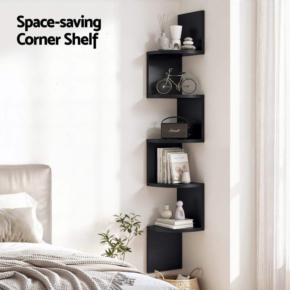 Corner Floating Bookshelf | Wall Shelf | 5 Tier | Black