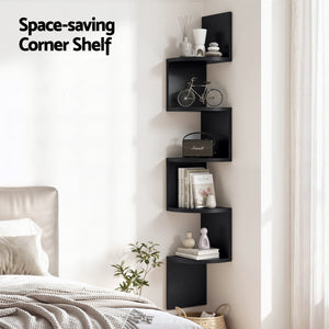 Corner Floating Bookshelf | Wall Shelf | 5 Tier | Black