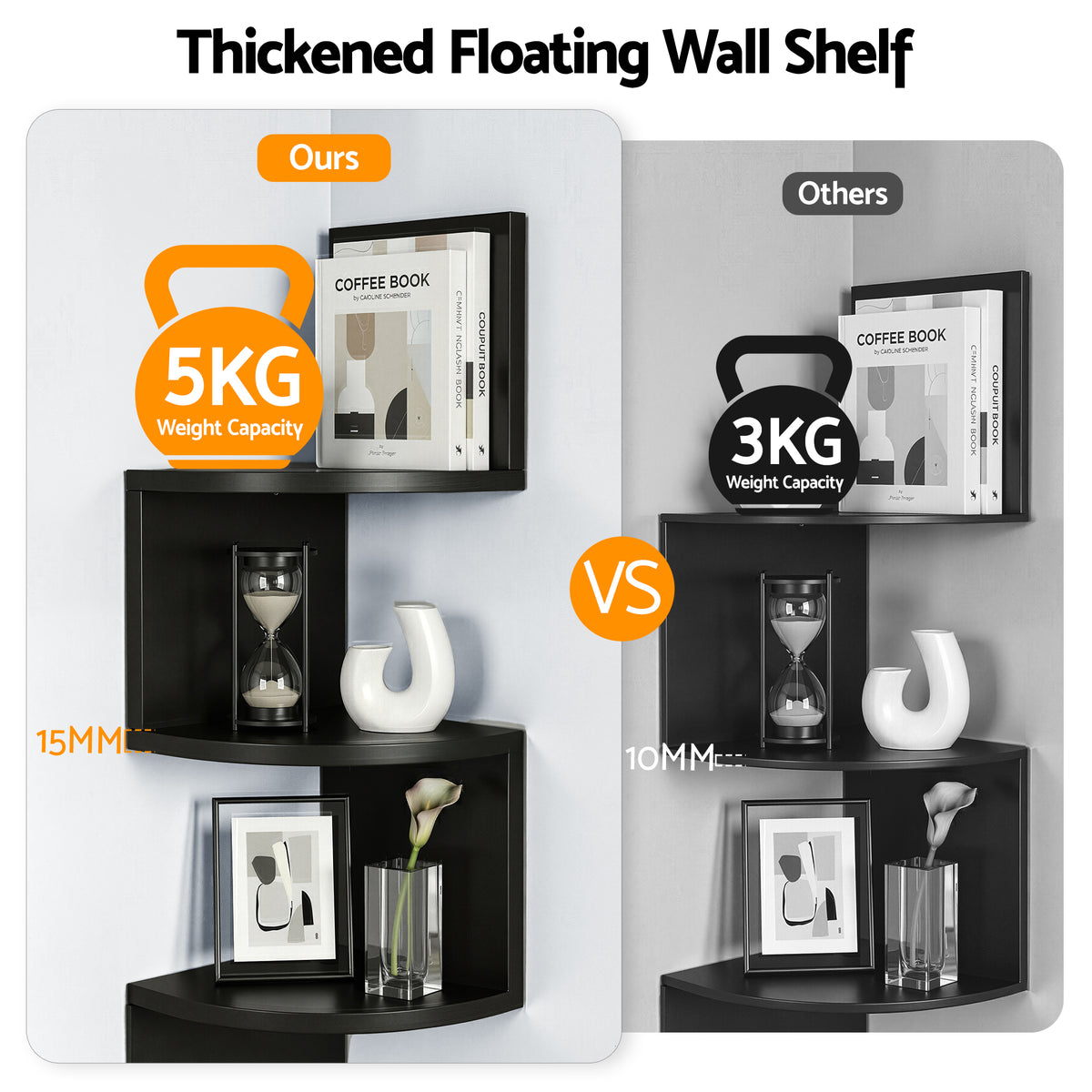 Corner Floating Bookshelf | Wall Shelf | 5 Tier | Black