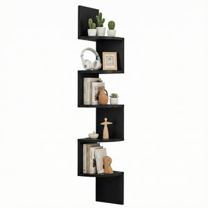 Corner Floating Bookshelf | Wall Shelf | 5 Tier | Black