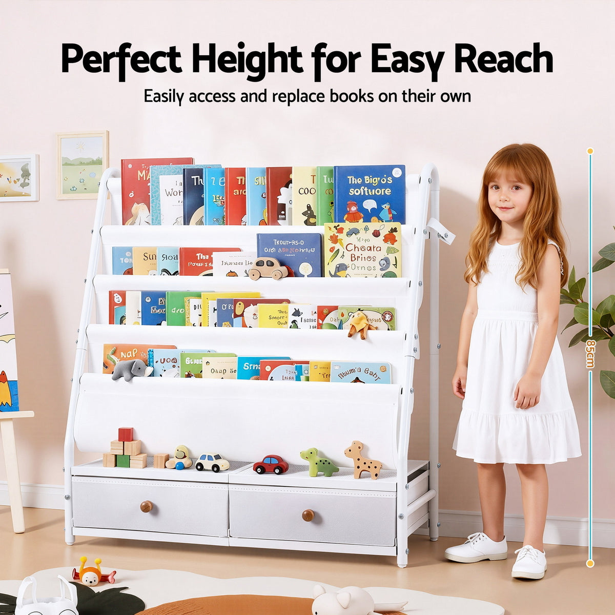 Kids Bookshelf | Metal Storage Rack | Toy Display Shelf | Drawer | White