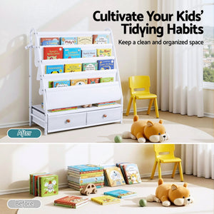 Kids Bookshelf | Metal Storage Rack | Toy Display Shelf | Drawer | White