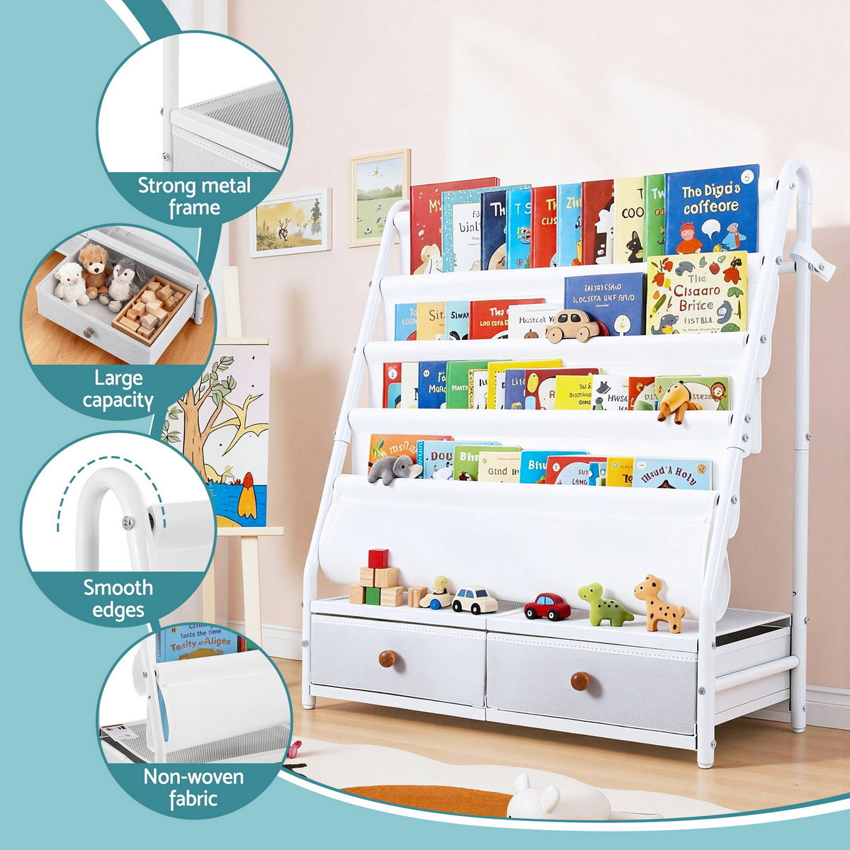 Kids Bookshelf | Metal Storage Rack | Toy Display Shelf | Drawer | White