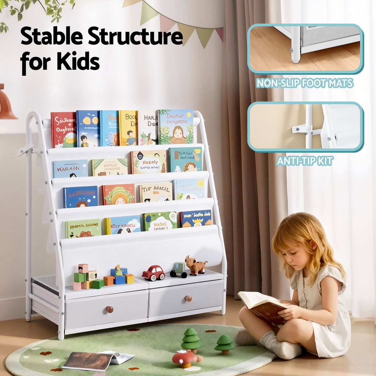 Kids Bookshelf | Metal Storage Rack | Toy Display Shelf | Drawer | White