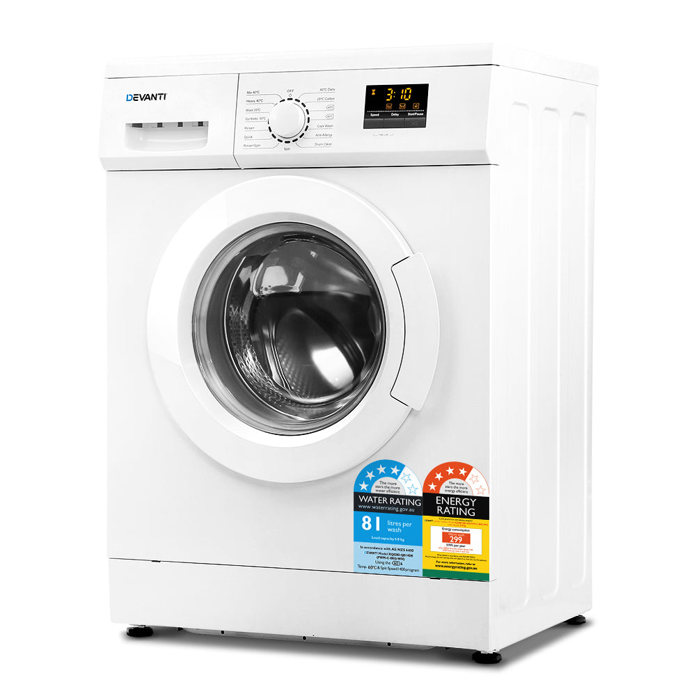 Devanti 8kg Front Load Washing Machine | Quick Wash | 24h Delay Start | Automatic