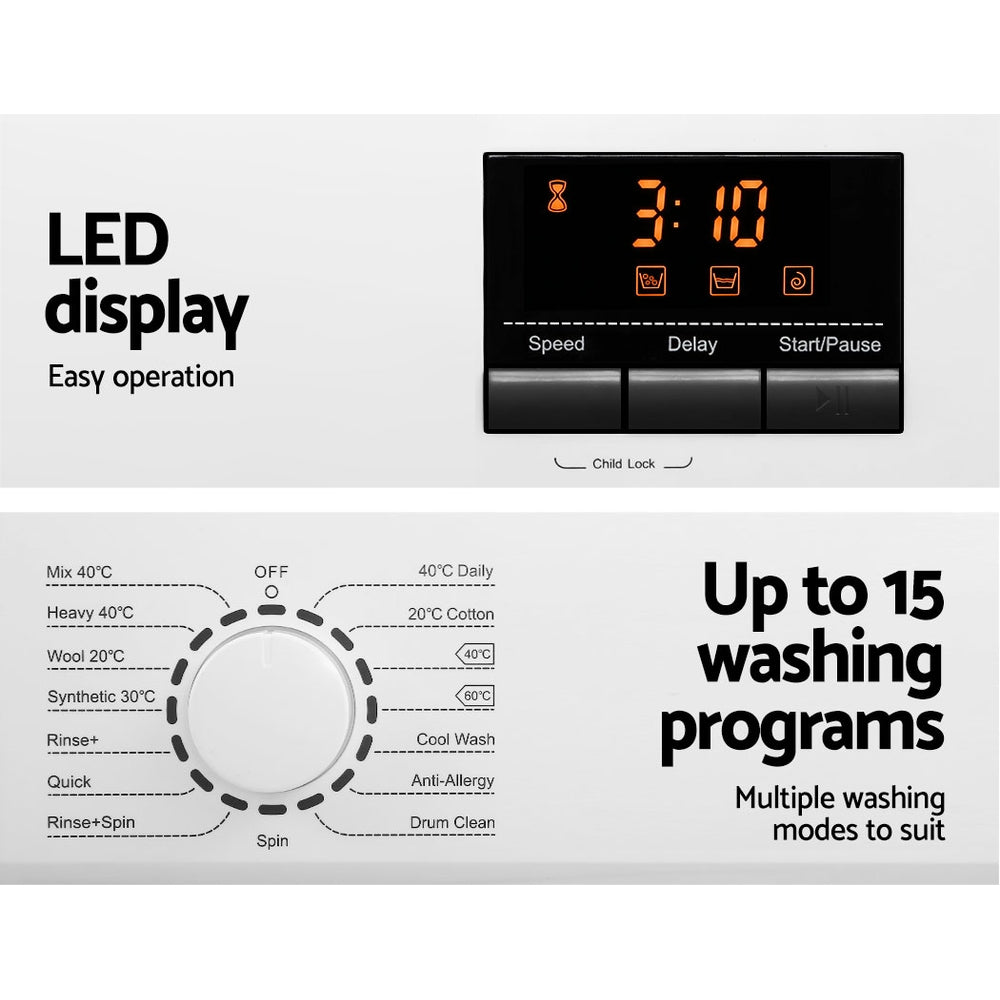 Devanti 8kg Front Load Washing Machine | Quick Wash | 24h Delay Start | Automatic