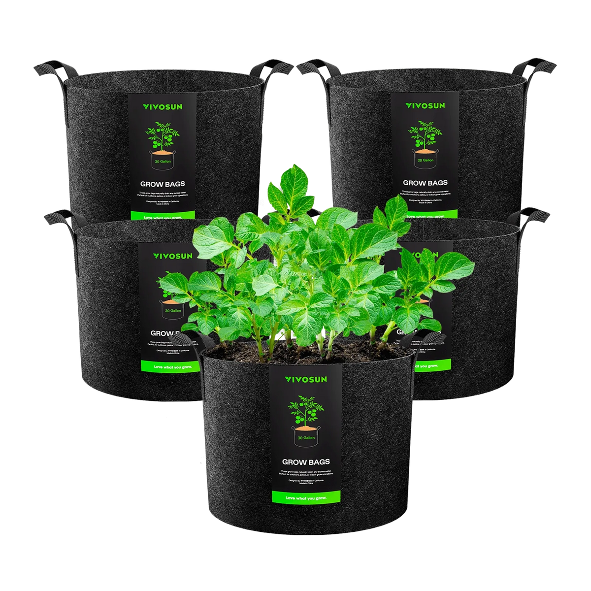 Fabric Grow Bags 5-Pack | 1 to 30 Gallon Sizes | Black Thickened Nonwoven Pots with Reinforced Handles | Heavy-Duty, Breathable, BPA-Free