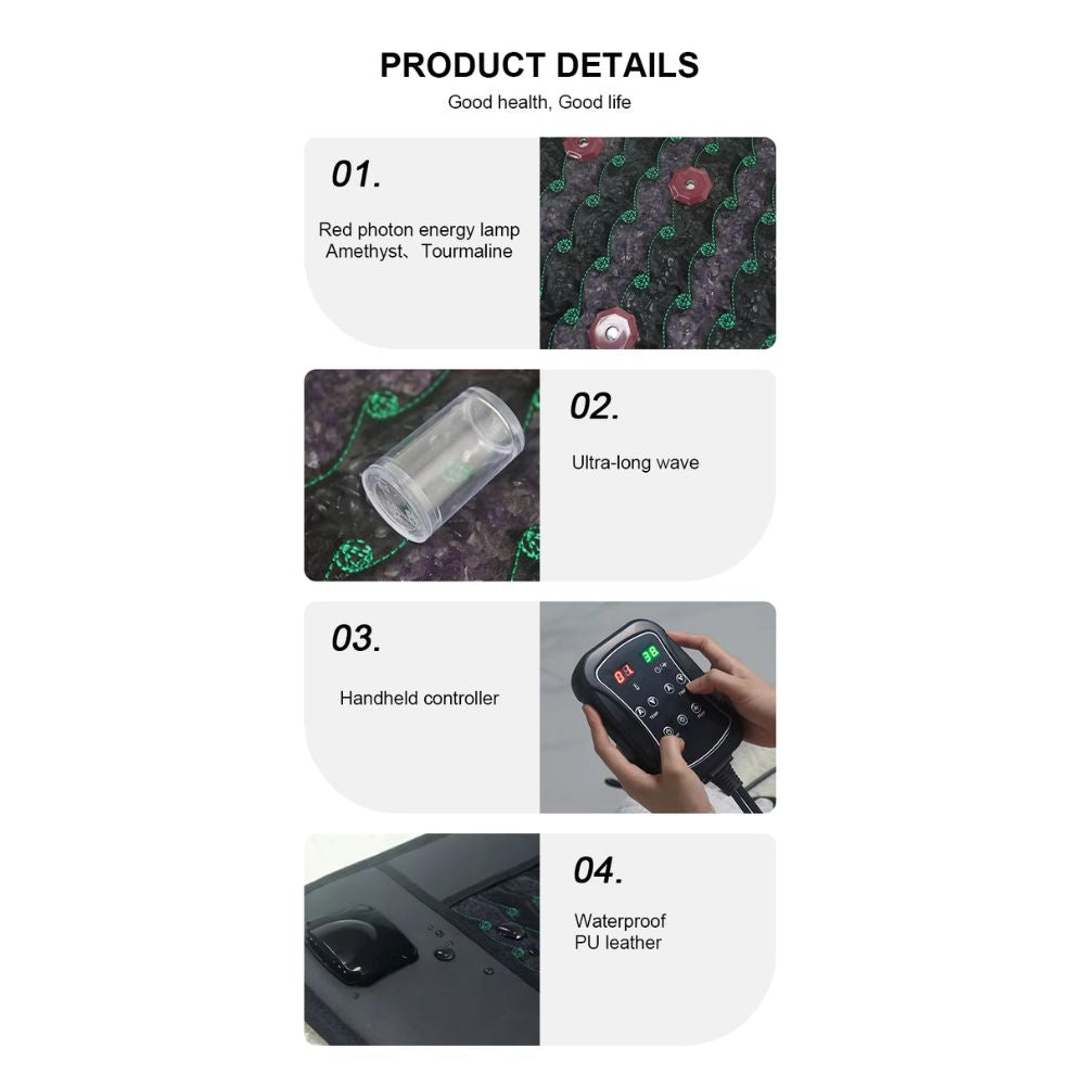 Full Body Amethyst & Tourmaline Infrared Mat | 190cm x 80cm | Adjustable PEMF (3-23Hz) | 660nm Red Light Therapy | Professional Crystal Healing Pad