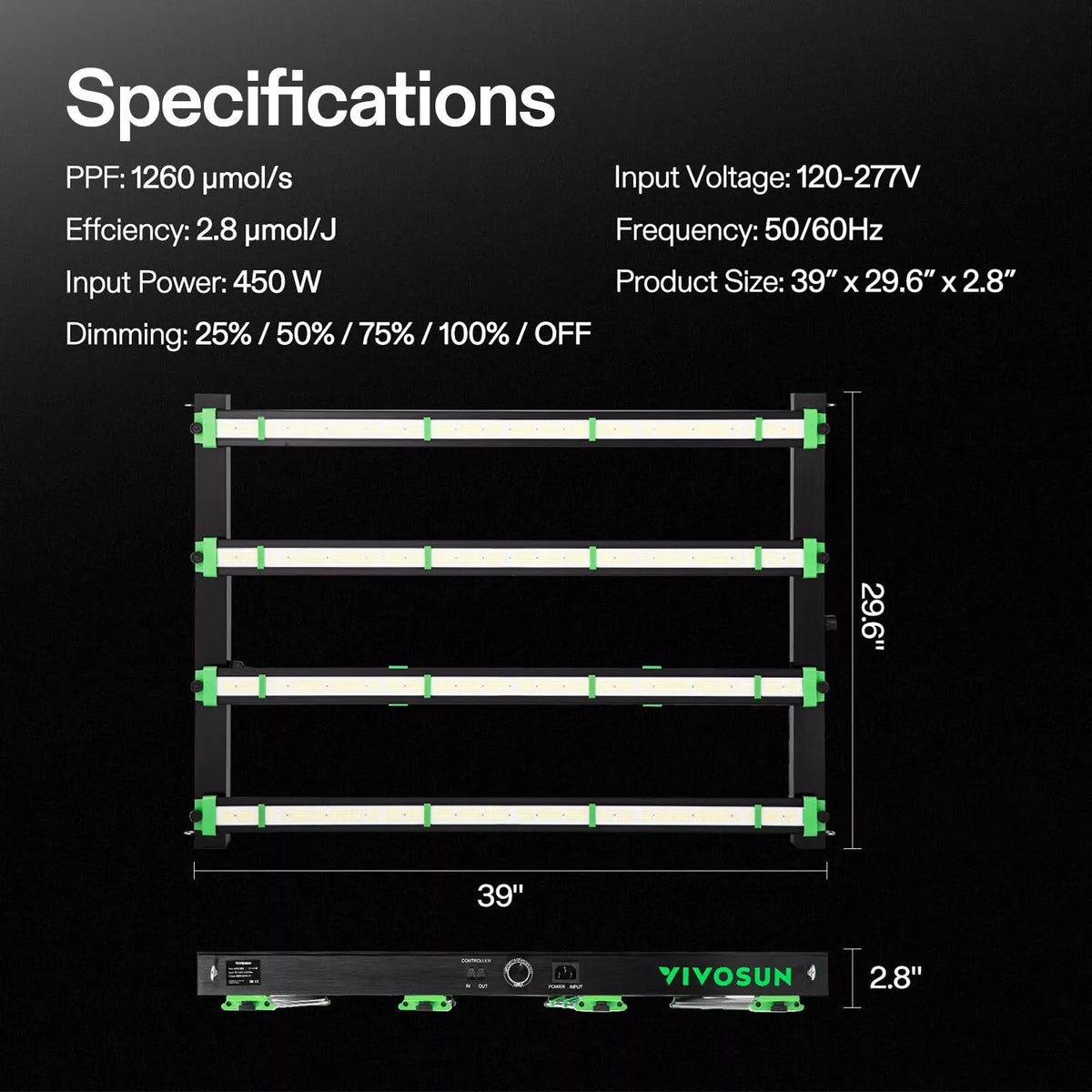 Full Spectrum LED Grow Light Bar With Dimming | 450W | 4 x 2FT Coverage