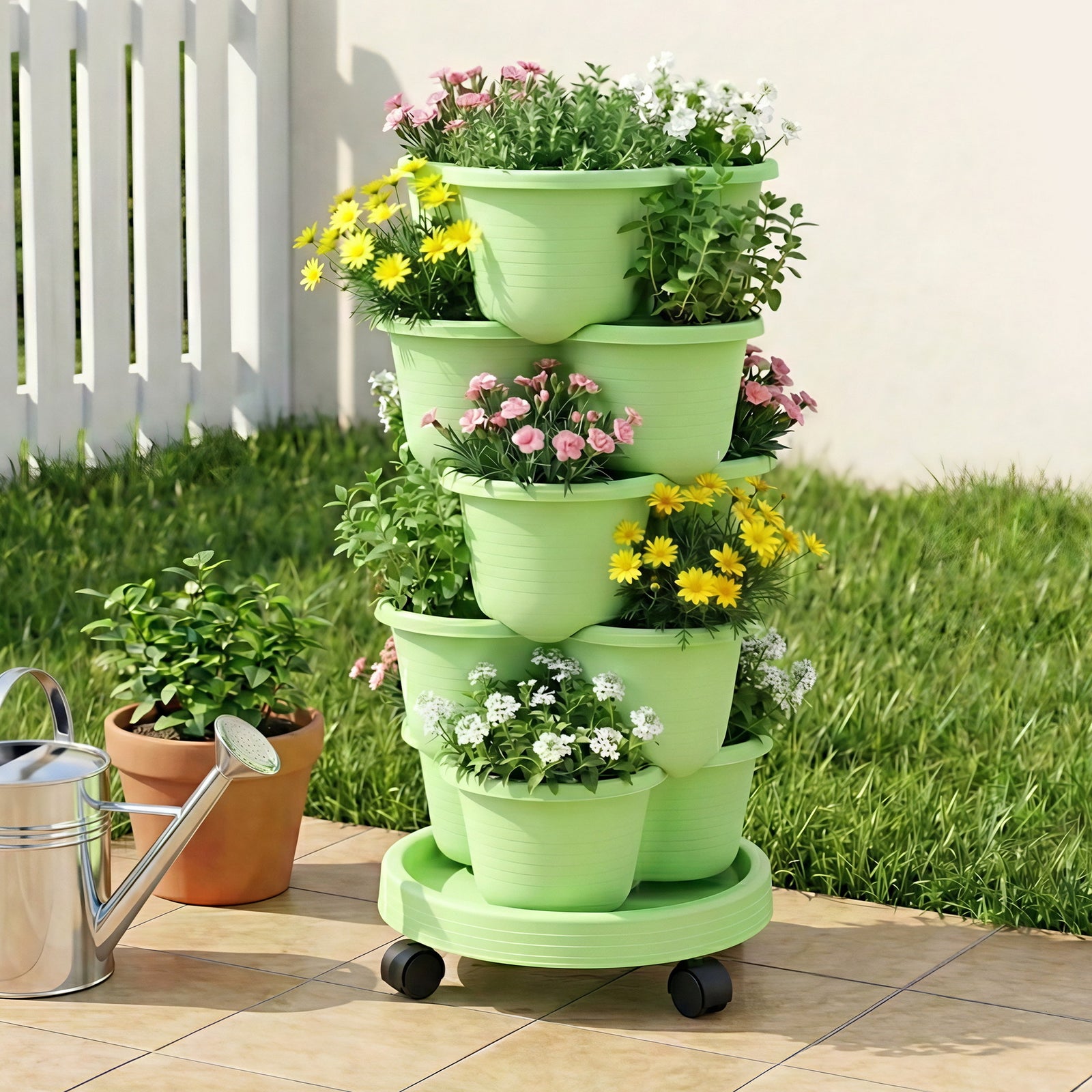 Vertical Garden Planter | 5-Tier Stackable Planter with Wheels | Light Green