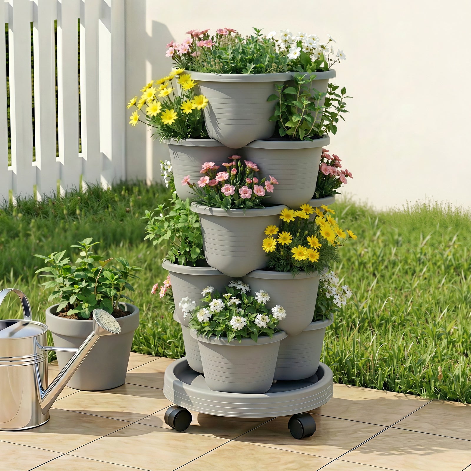Vertical Garden Planter | 5-Tier Stackable Planter with Wheels | Grey