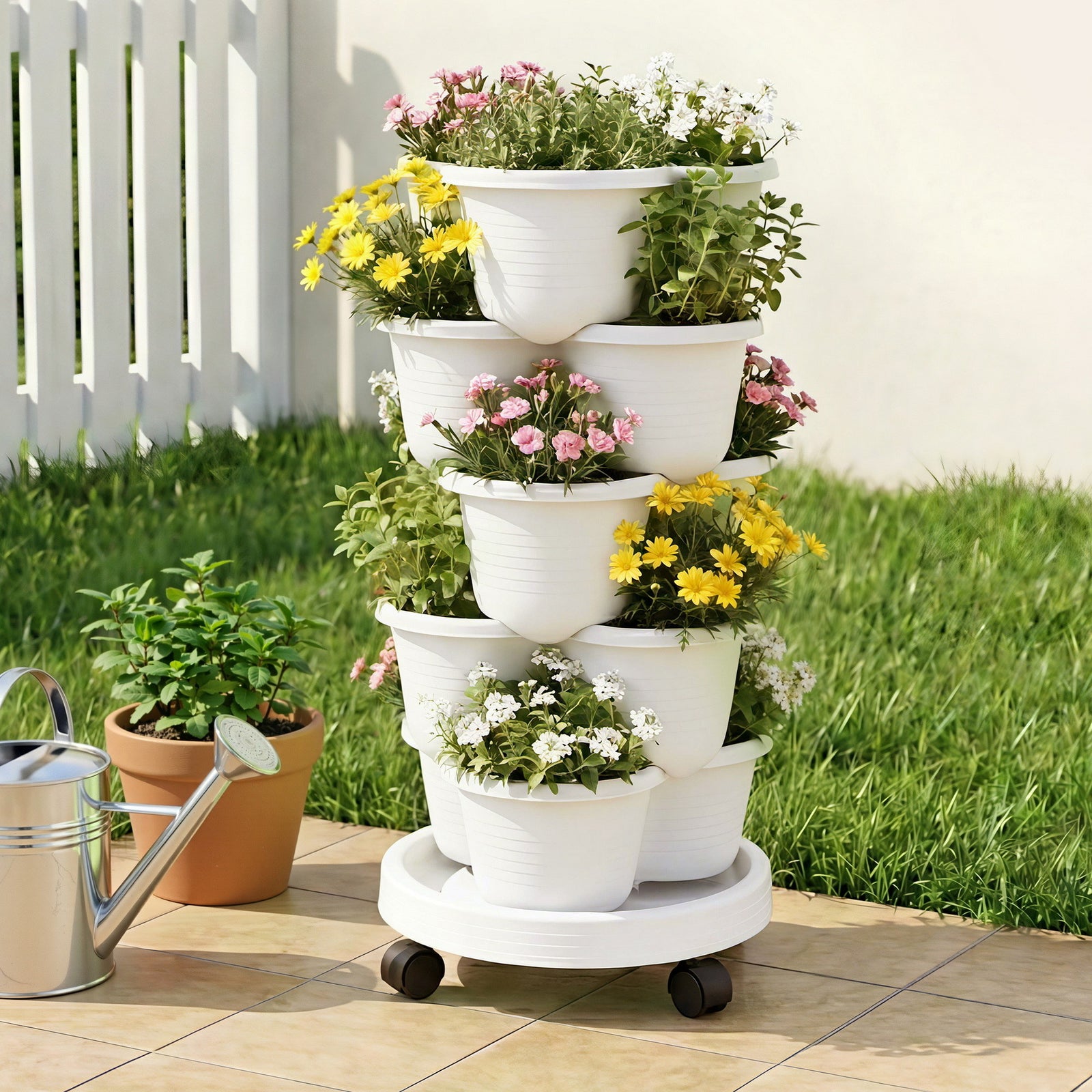 Vertical Garden Planter | 5-Tier Stackable Planter with Wheels | White