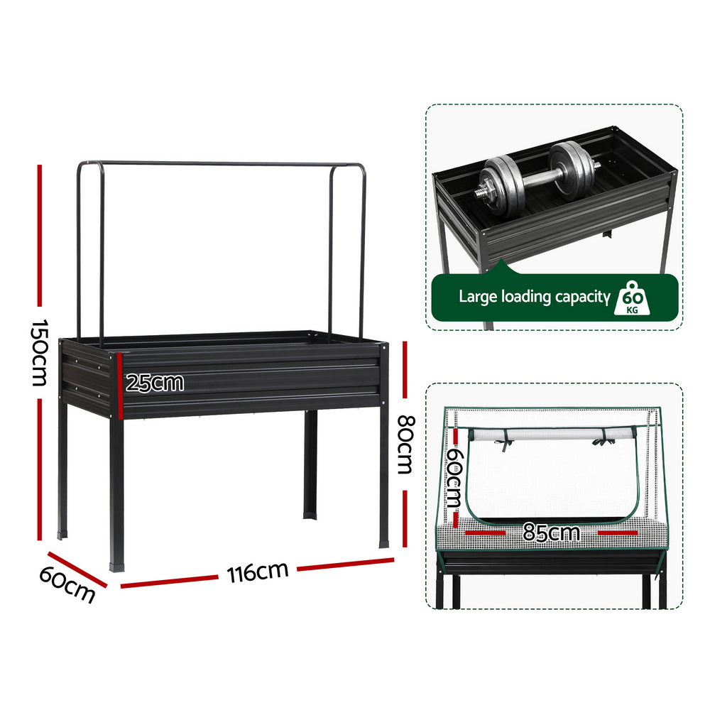 Elevated Garden Bed | 116x60cm | Metal Planter | Mini Greenhouse Cover + Trellis