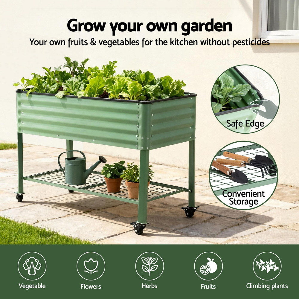 Raised Garden Bed | Mobile on Wheels | 115x60x81cm | 100kg Load | Storage Shelf