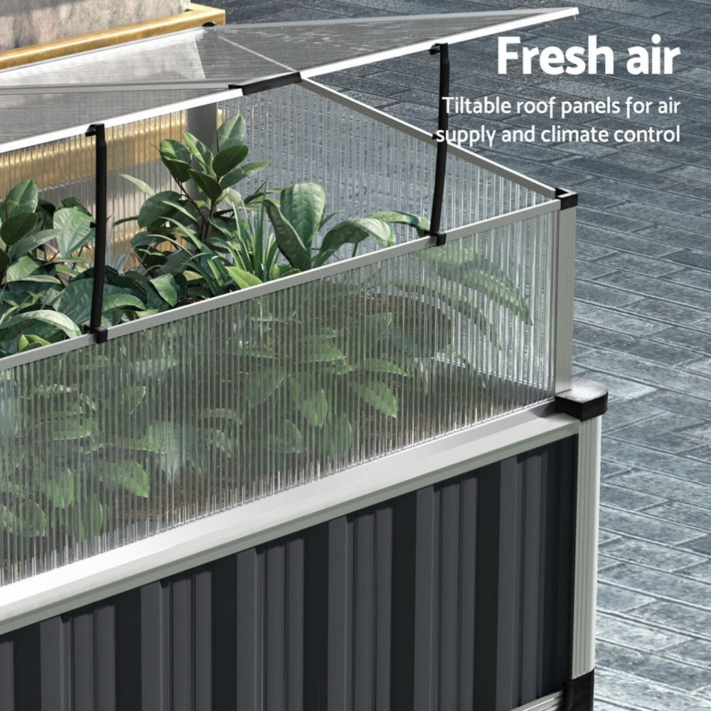 Green Fingers Garden Bed | 2X Raised | 80x49x74cm | Galvanised Herb Planter Box with Greenhouse