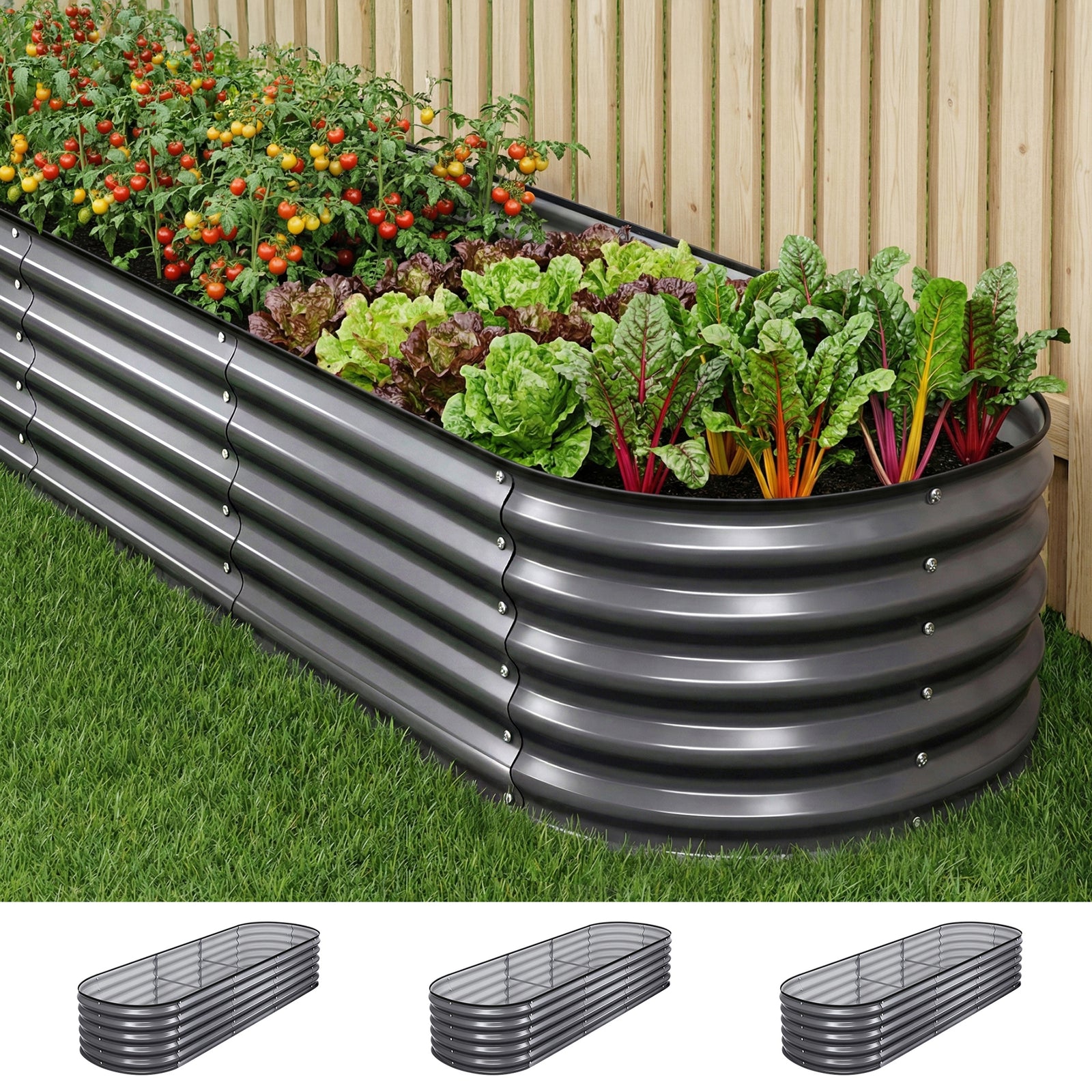 Raised Garden Bed Kit | 3 Piece Galvanised Planter Boxes | 240 x 80 x 42cm