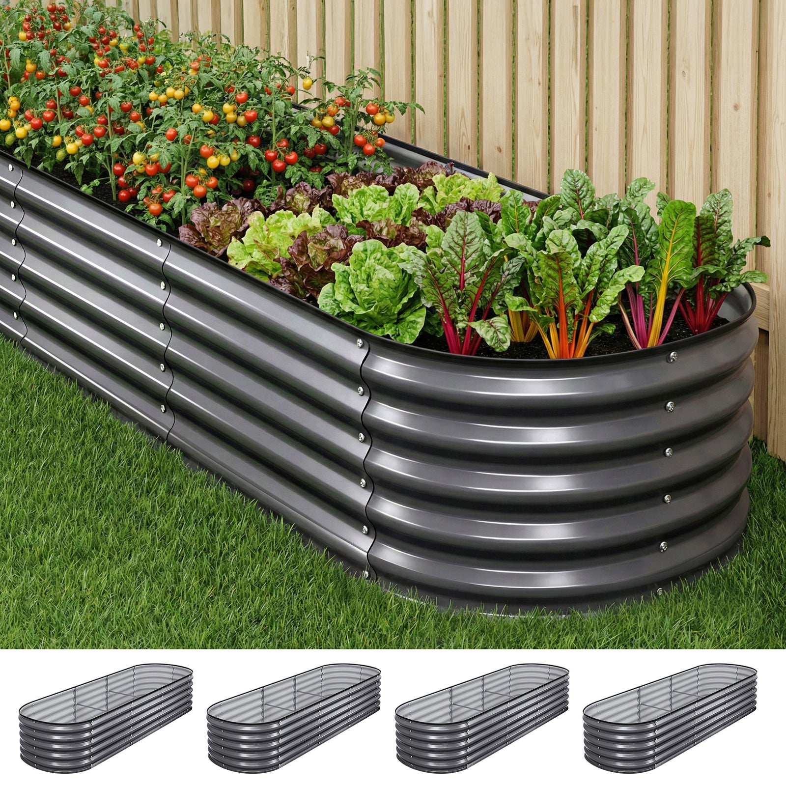 Raised Garden Bed Kit | 4 Piece Galvanised Planter Boxes | 240 x 80 x 42cm
