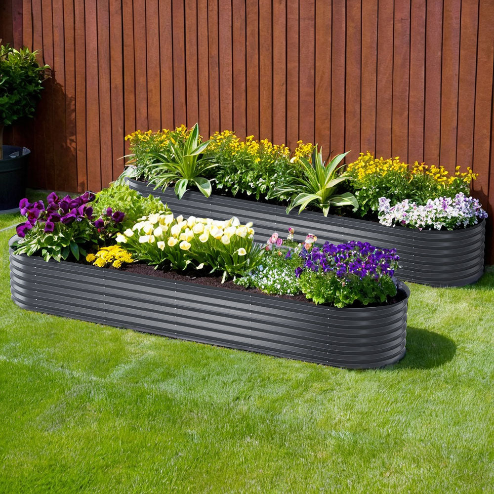 2x Green Fingers Raised Garden Bed | 320x80x42cm | Oval Planter Box Container | Galvanised