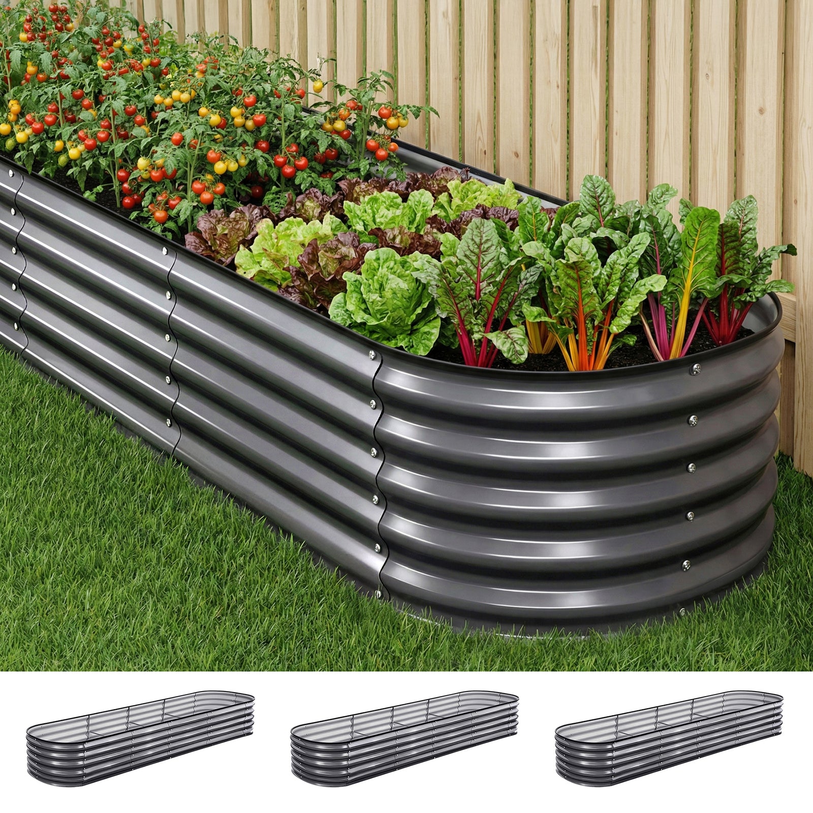 Raised Garden Bed Kit | 3 Piece Galvanised Planter Boxes | 320 x 80 x 42cm
