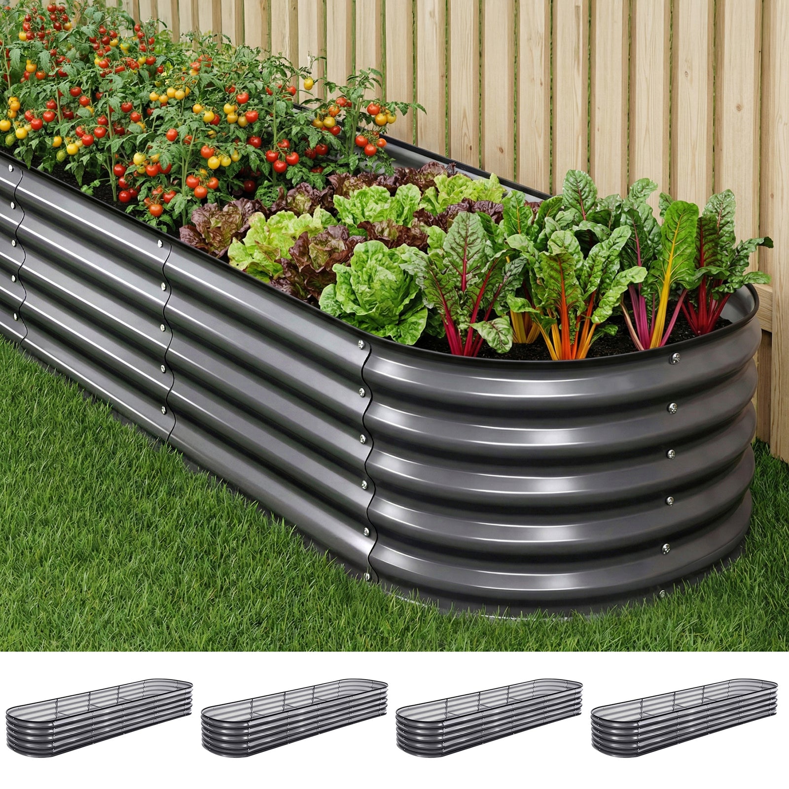 Raised Garden Bed Kit | 4 Piece Galvanised Planter Boxes | 320 x 80 x 42cm