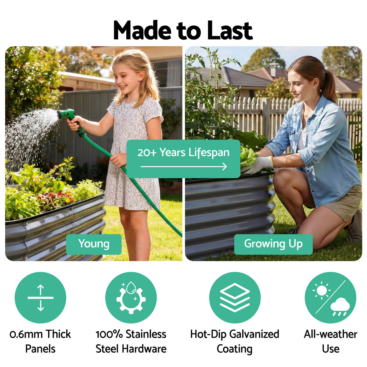 Green Fingers 3 Pcs Raised Garden Bed Kit Oval Galvanized Steel Planter Boxes 240x80x56cm, Heavy Duty Metal Elevated Garden Bed for Vegetables Flowers Herbs, with Safety Edging, Gloves & Pegs Included