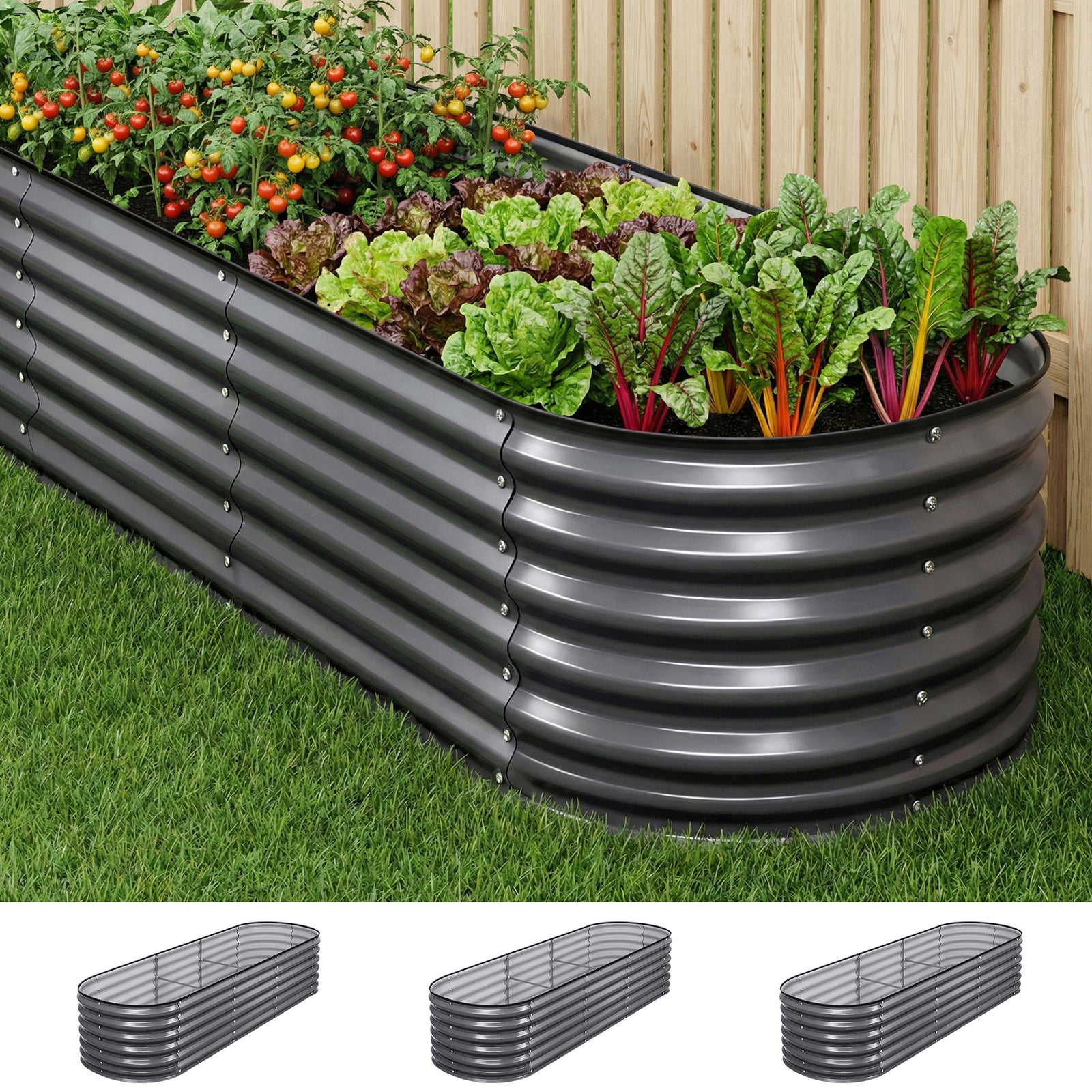 Raised Garden Bed Kit | 3 Piece Galvanised Planter Boxes | 240 x 80 x 56cm