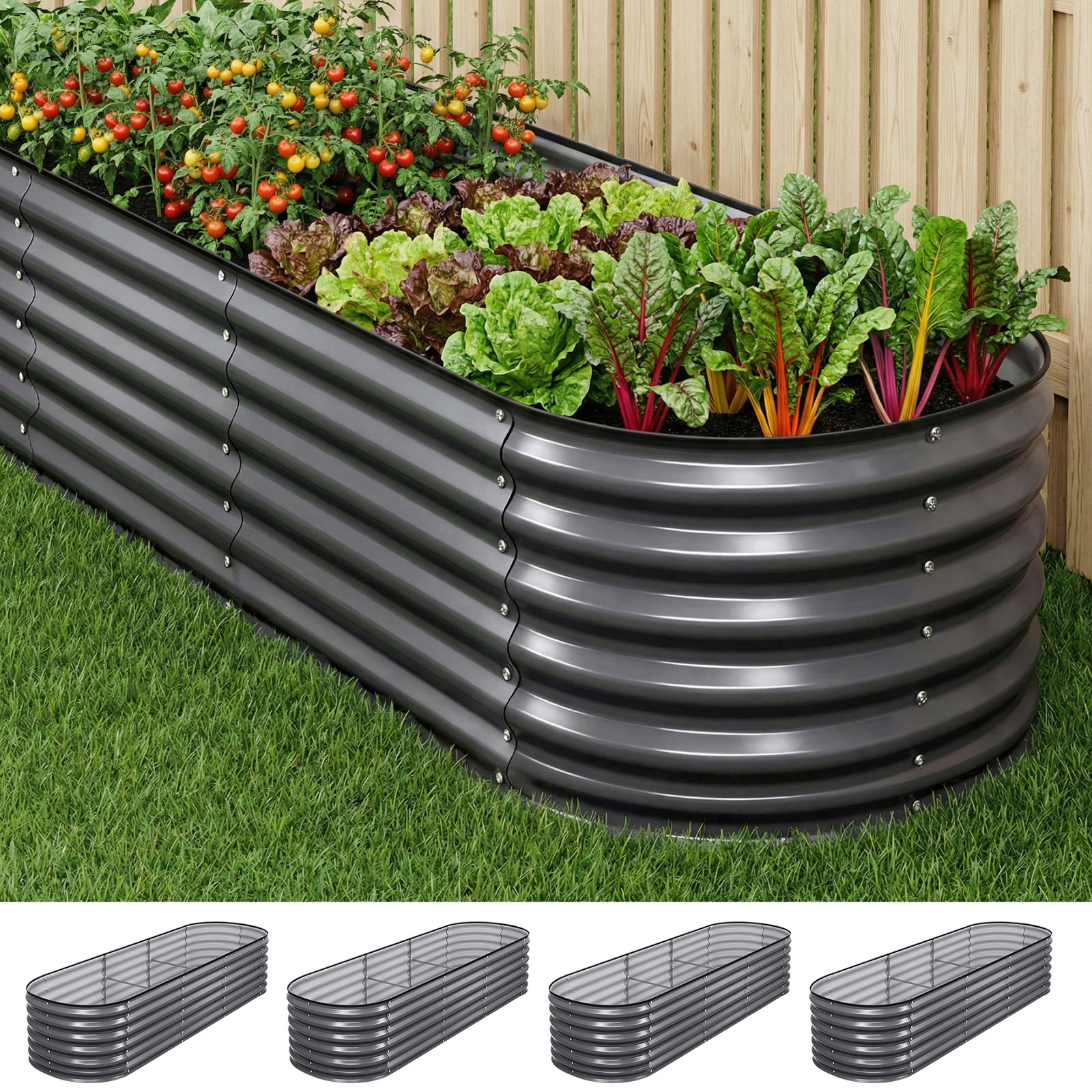 Raised Garden Bed Kit | 4 Piece Galvanised Planter Boxes | 240 x 80 x 56cm