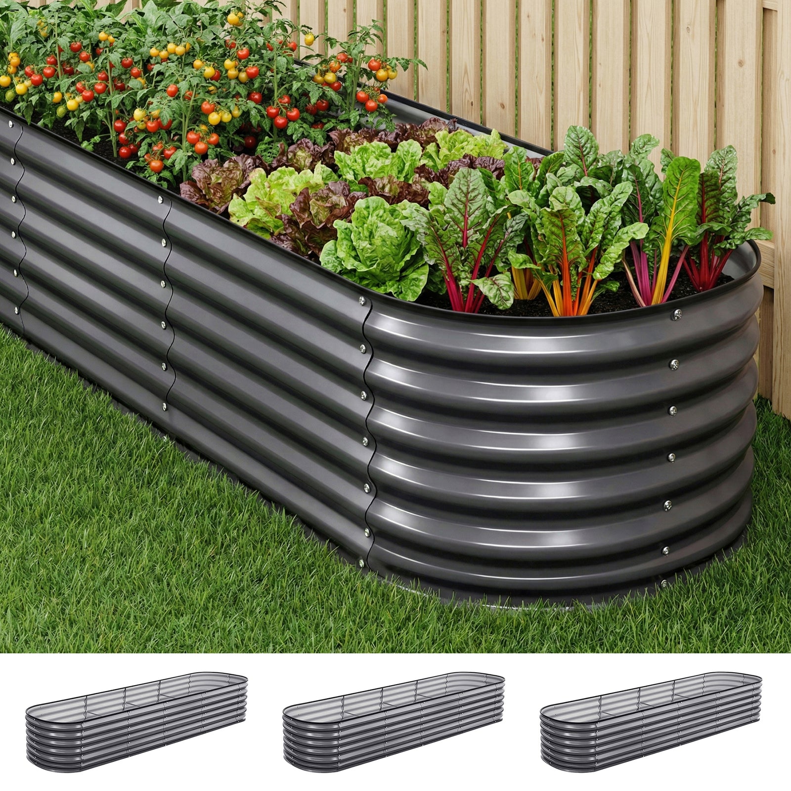 Raised Garden Bed Kit | 3 Piece Galvanised Planter Boxes | 320 x 80 x 56cm