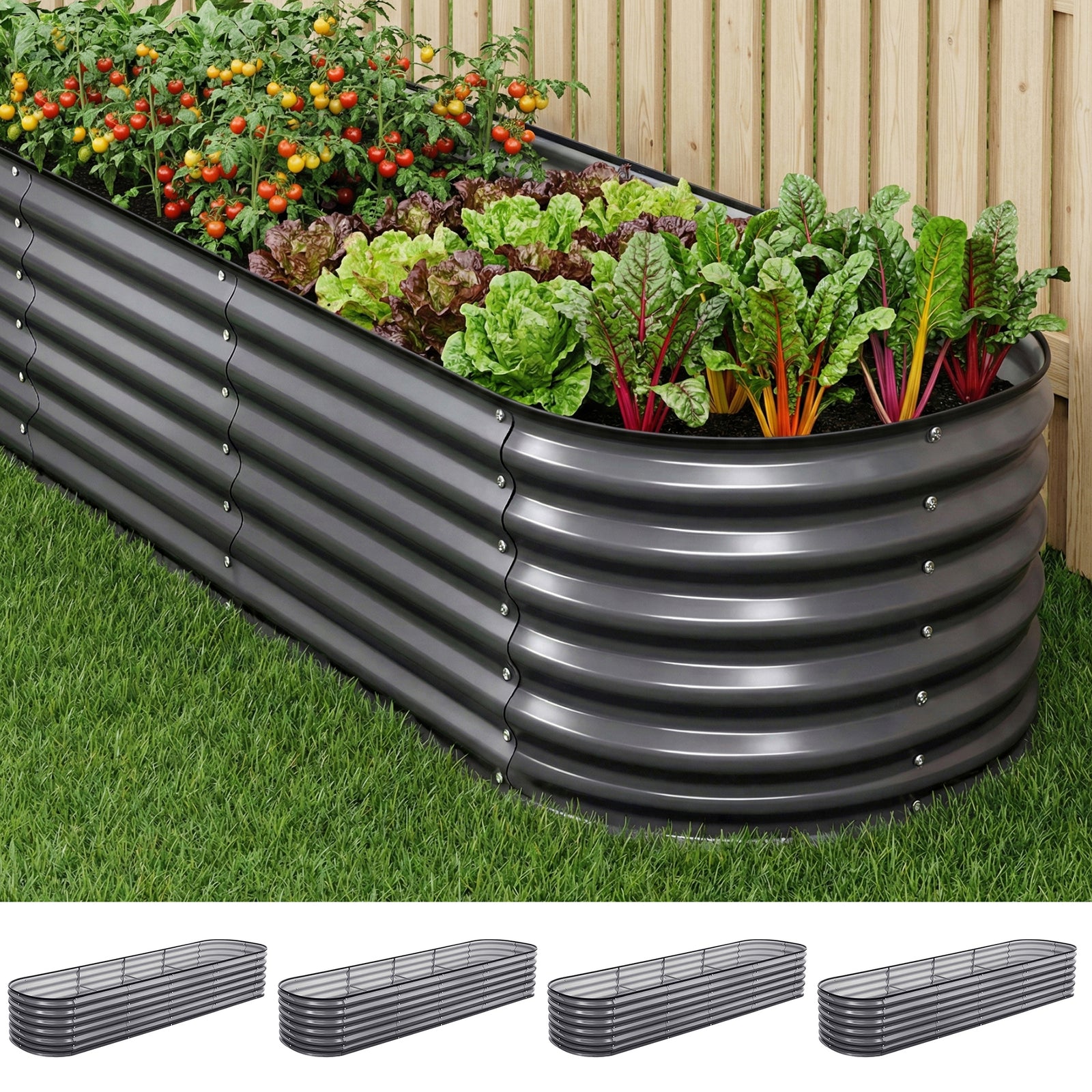 Raised Garden Bed Kit | 4 Piece Galvanised Planter Boxes | 320 x 80 x 56cm