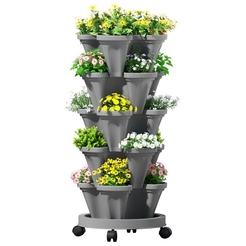 Vertical Garden | 5-Tier Raised Planter Bed | Grey Stackable Pots for Herbs & Flowers