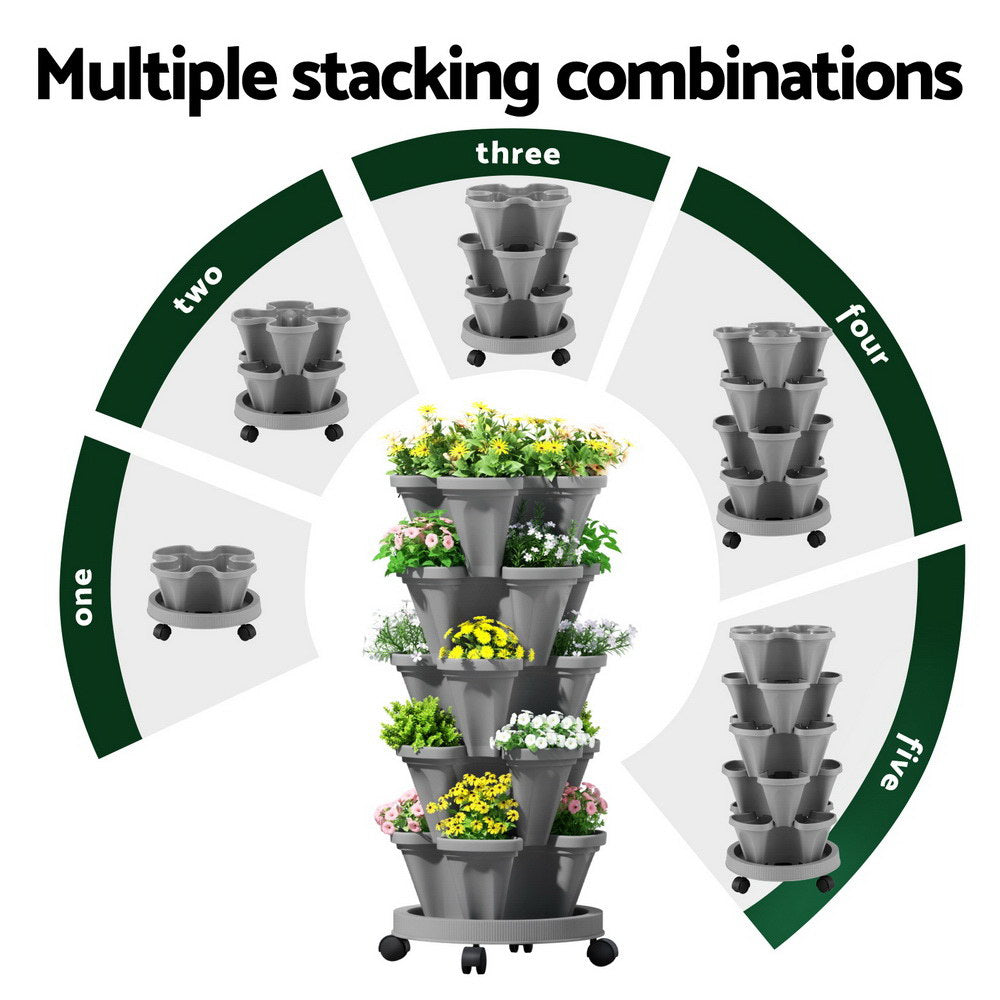 Vertical Garden | 5-Tier Raised Planter Bed | Grey Stackable Pots for Herbs & Flowers